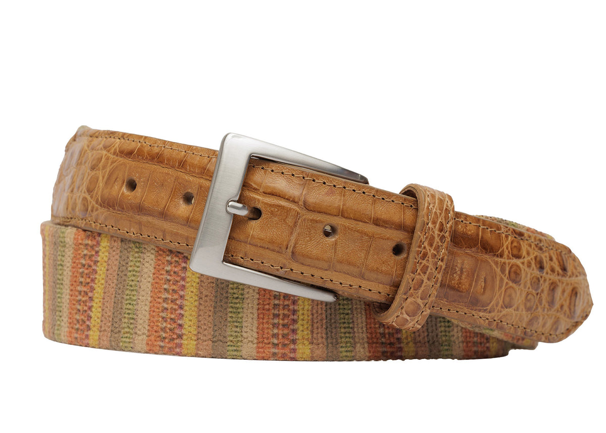Canvas Stripes Belt with Crocodile Tabs and Brushed Nickel Buckle by w.kleinberg