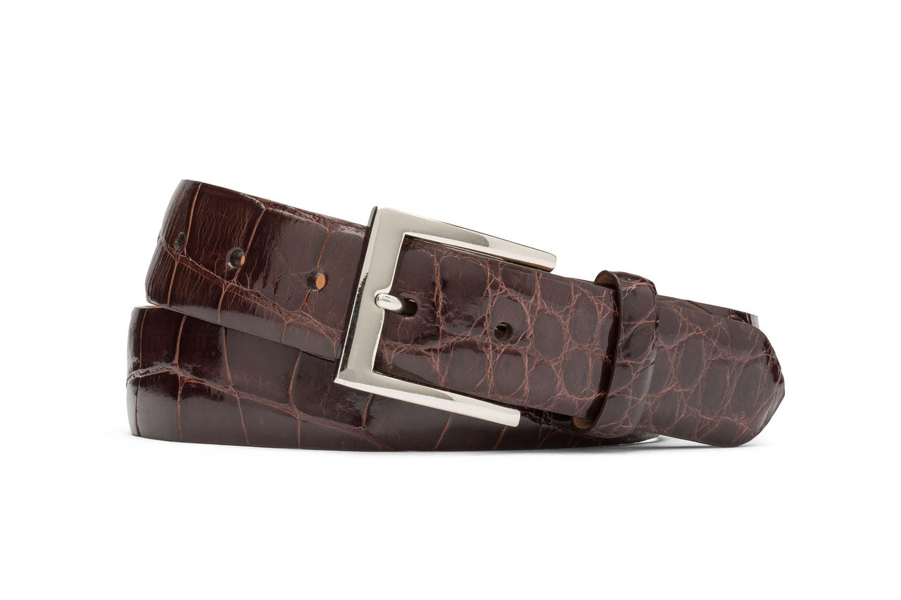 1-3/8" Glazed American Alligator Belt with Nickel and Gold Buckles