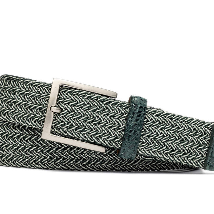 Green Stripe Stretch Belt with Crocodile Tabs w.kleinberg