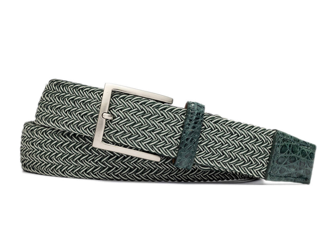 Green Stripe Stretch Belt with Crocodile Tabs w.kleinberg