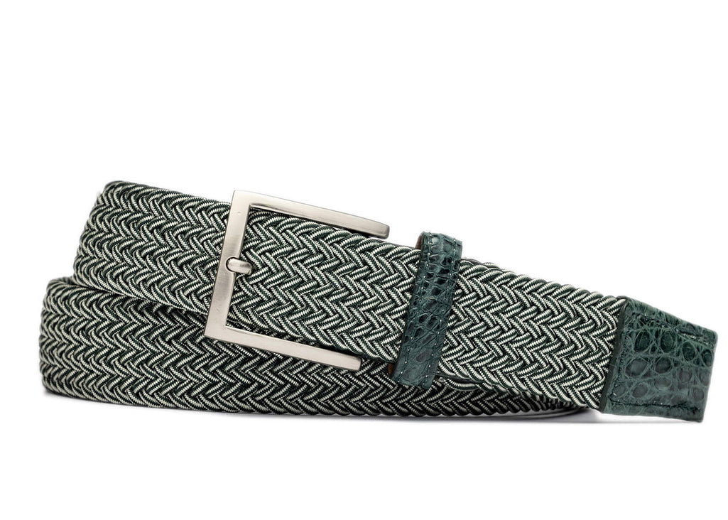 Green Stripe Stretch Belt with Crocodile Tabs w.kleinberg