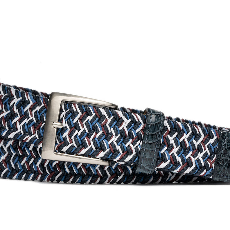 Marine blue stretch belt with genuine crocodile leather tabs and brushed nickel buckle w.kleinberg