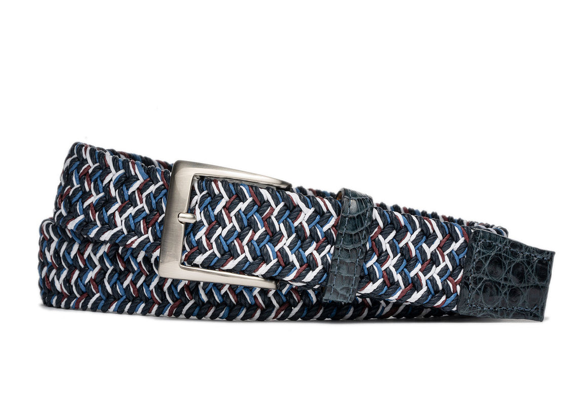 Marine blue stretch belt with genuine crocodile leather tabs and brushed nickel buckle w.kleinberg