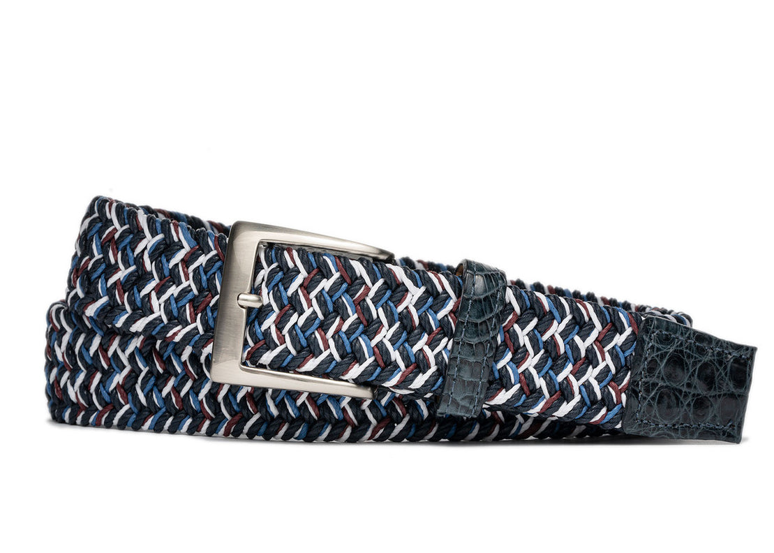 Marine blue stretch belt with genuine crocodile leather tabs and brushed nickel buckle w.kleinberg