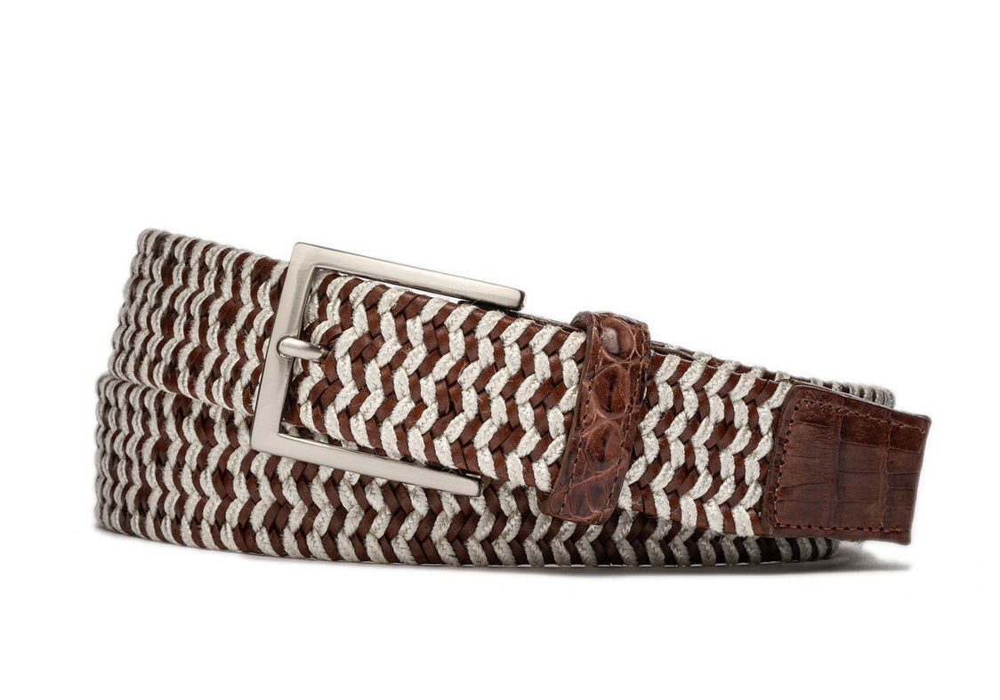 Pearl Leather Stretch Belt with Crocodile Tabs w.kleinberg