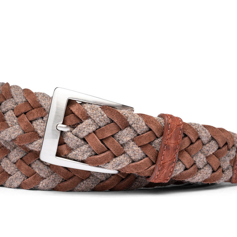 Rust woven belt with genuine sueded crocodile tabs and brushed nickel buckle w.kleinberg