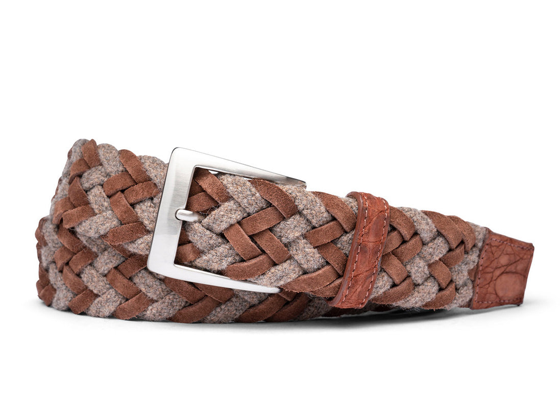 Rust woven belt with genuine sueded crocodile tabs and brushed nickel buckle w.kleinberg