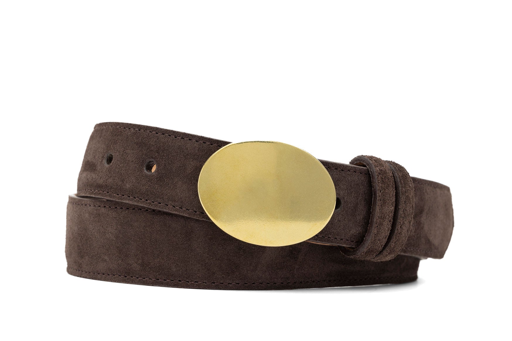 W.Kleinberg Luxury Handcrafted Chocolate Suede Calf Belt for Business Casual Wear - Satin brass oval buckle in Sueded calf