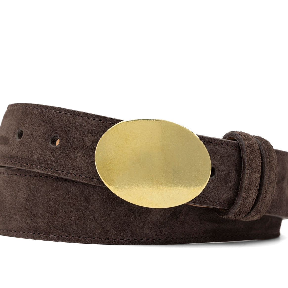 W.Kleinberg Luxury Handcrafted Chocolate Suede Calf Belt for Business Casual Wear - Satin brass oval buckle in Sueded calf