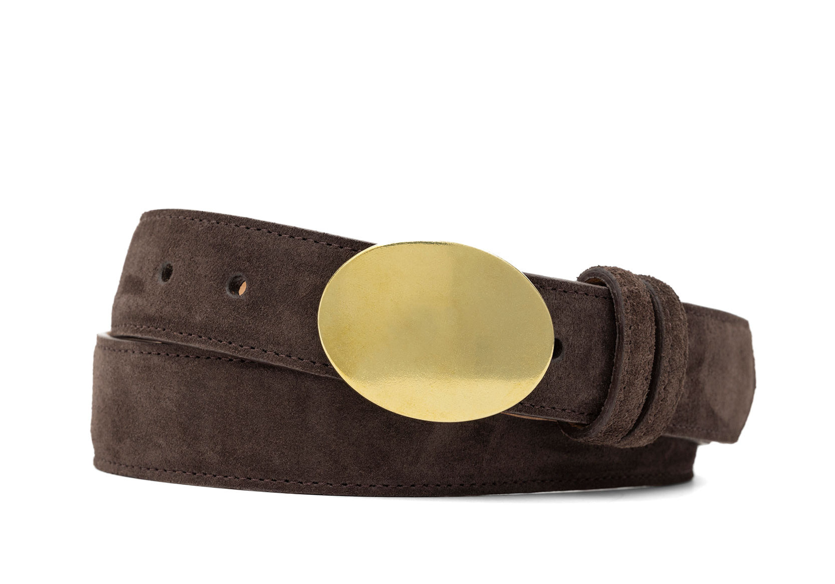 W.Kleinberg Luxury Handcrafted Chocolate Suede Calf Belt for Business Casual Wear - Satin brass oval buckle in Sueded calf