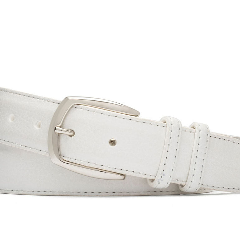 White pebbled calf leather belt with nickel buckle and nubuck lining handcrafted in USA