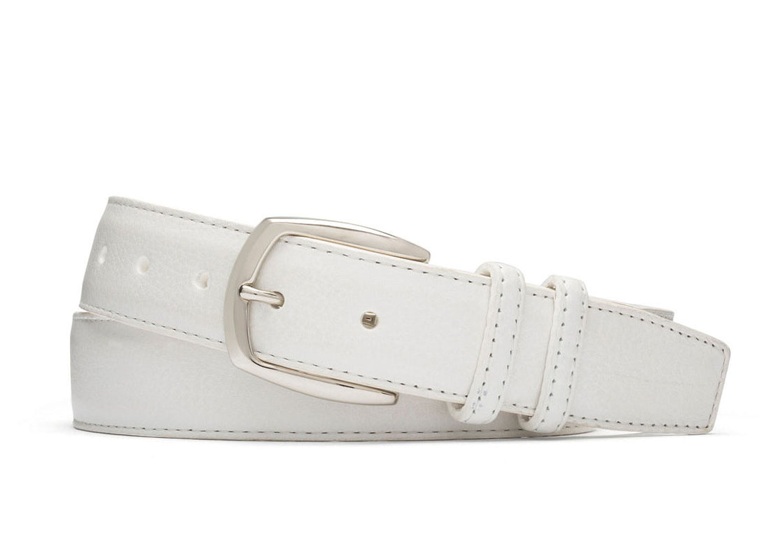 White pebbled calf leather belt with nickel buckle and nubuck lining handcrafted in USA