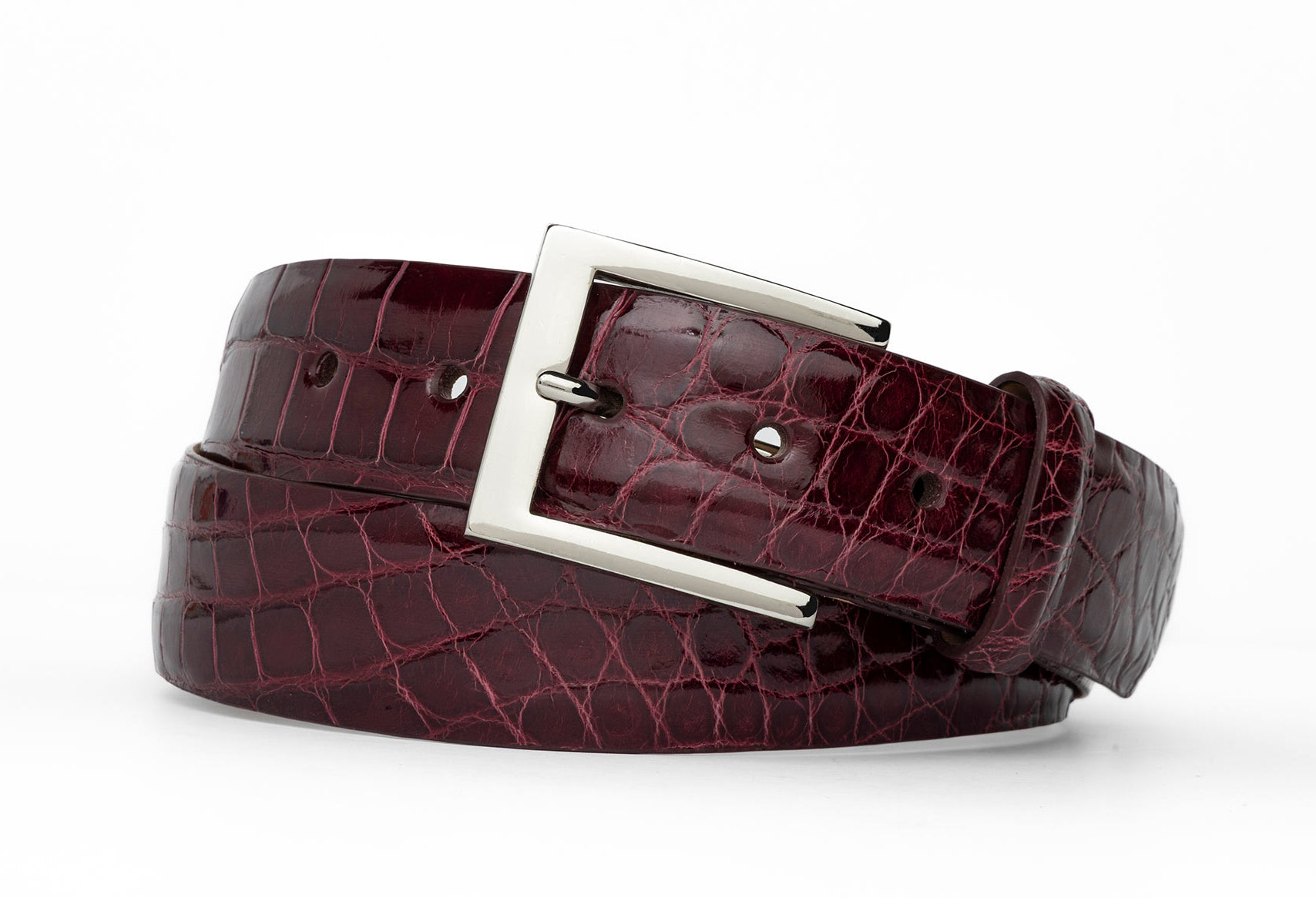 w.kleinberg 1-3/8 inch glazed American alligator belt with 2 nickel and gold buckles