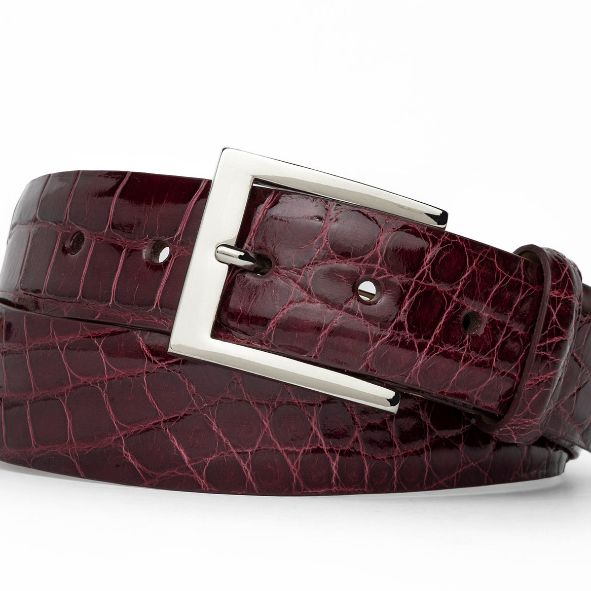 w.kleinberg 1-3/8 inch glazed American alligator belt with 2 nickel and gold buckles