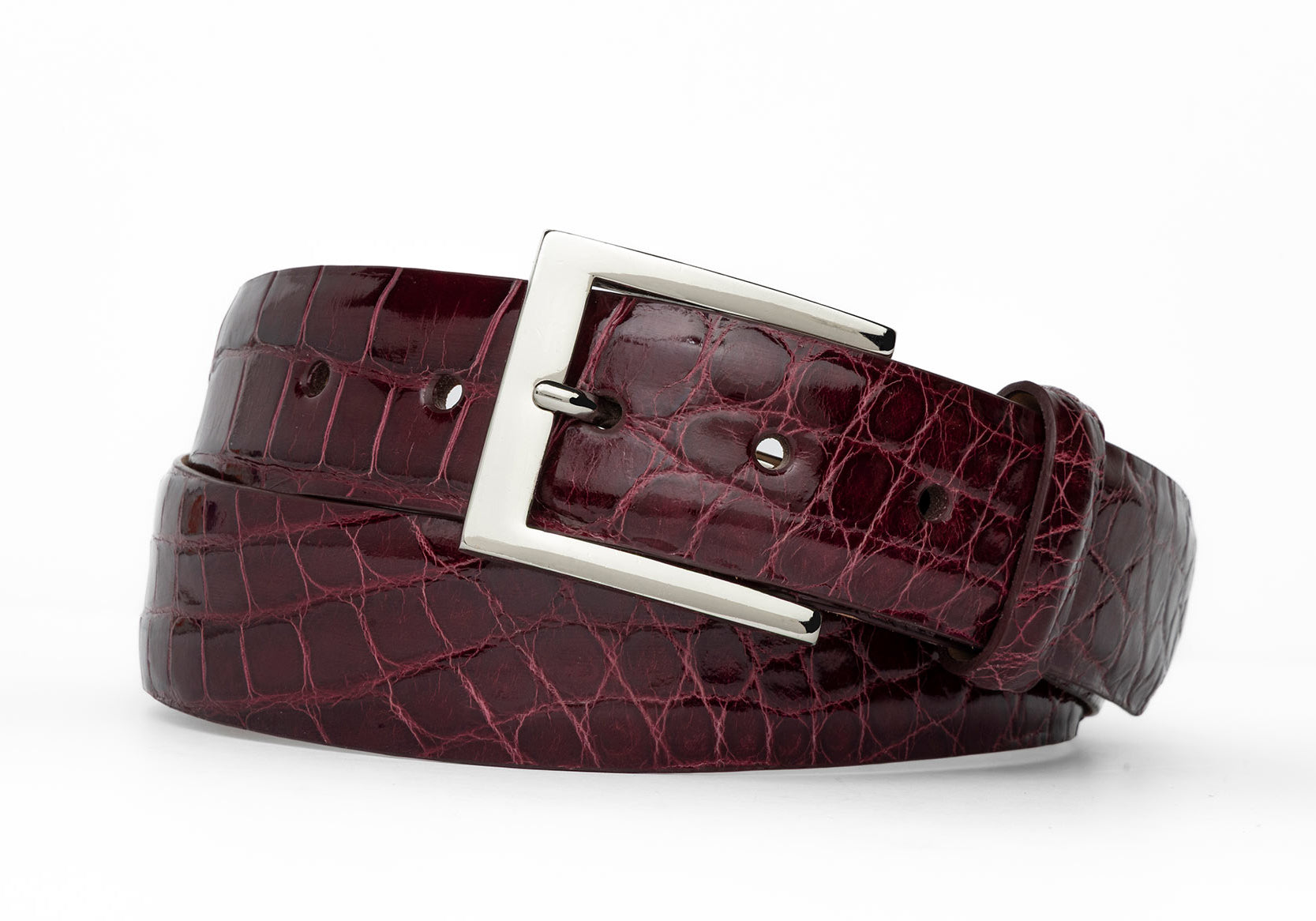 w.kleinberg 1-3/8 inch glazed American alligator belt with 2 nickel and gold buckles
