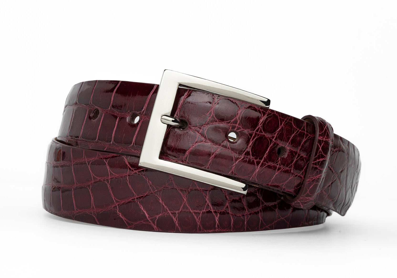 w.kleinberg 1-3/8 inch glazed American alligator belt with 2 nickel and gold buckles