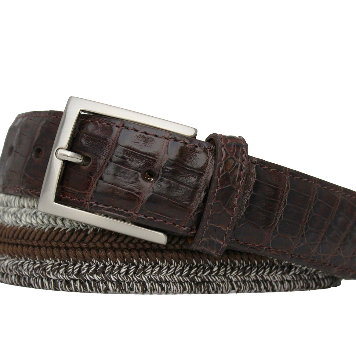 w.kleinberg Brown Triple Stretch Belt with Long Croc Tabs and Brushed Nickel Buckle flat lay