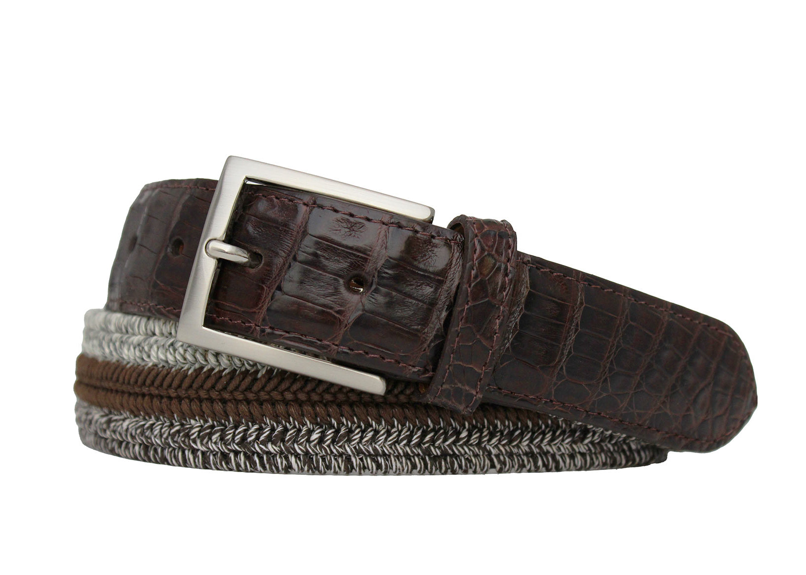 w.kleinberg Brown Triple Stretch Belt with Long Croc Tabs and Brushed Nickel Buckle flat lay
