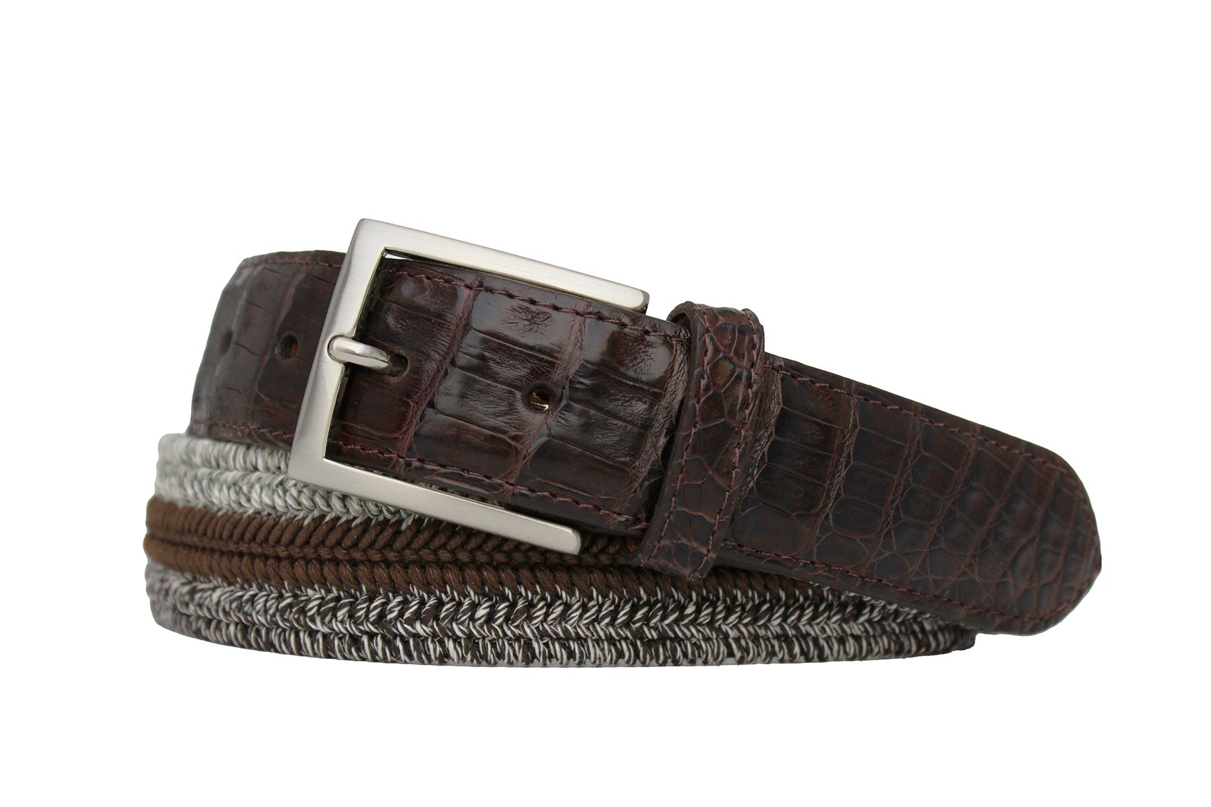 w.kleinberg Brown Triple Stretch Belt with Long Croc Tabs and Brushed Nickel Buckle flat lay