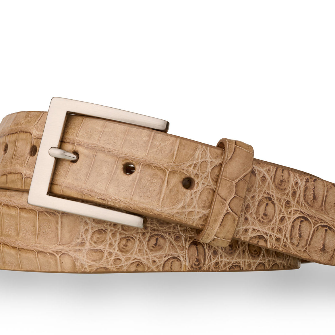 w.kleinberg Caiman crocodile belt with brushed nickel buckle flat lay