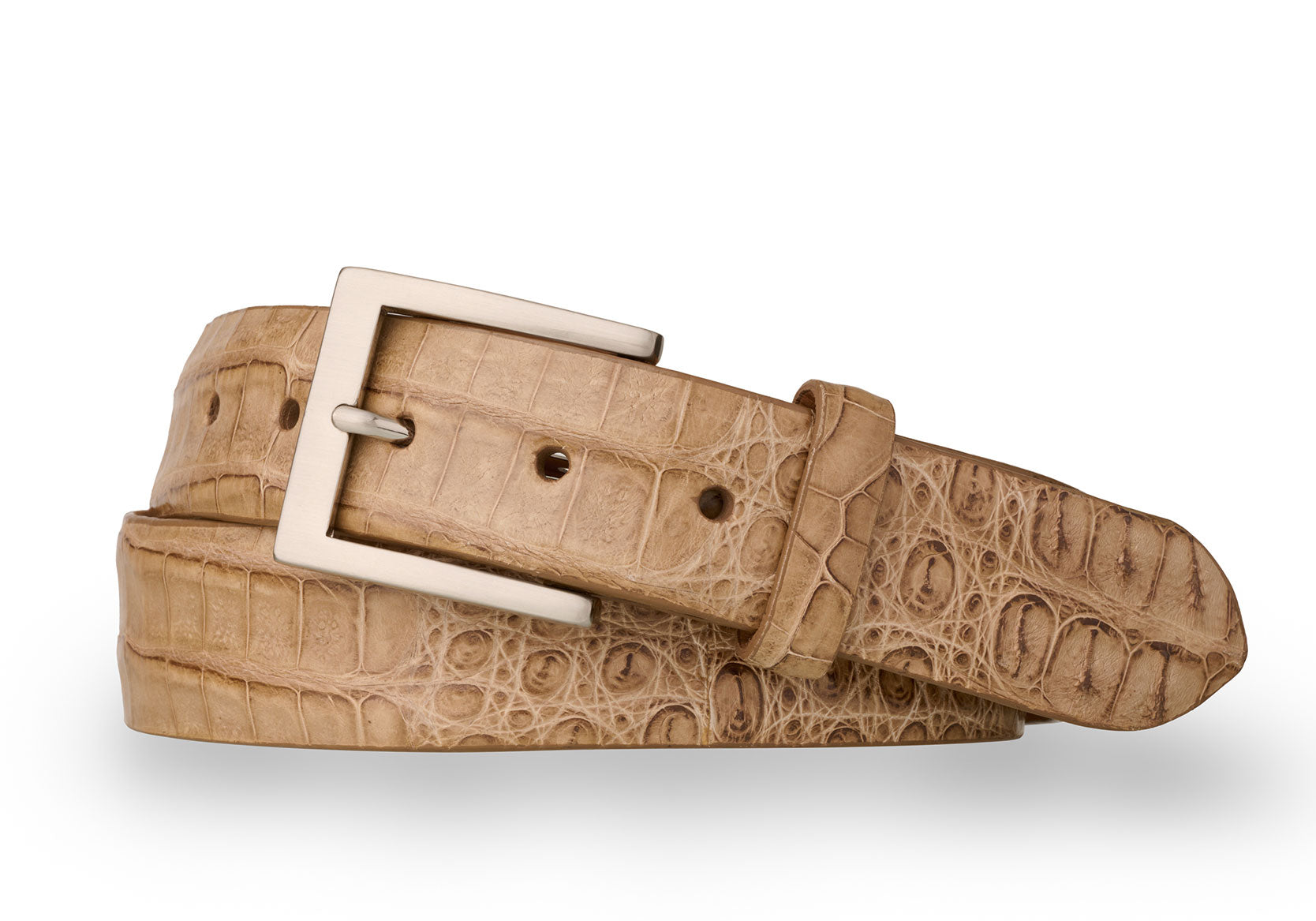 w.kleinberg Caiman crocodile belt with brushed nickel buckle flat lay