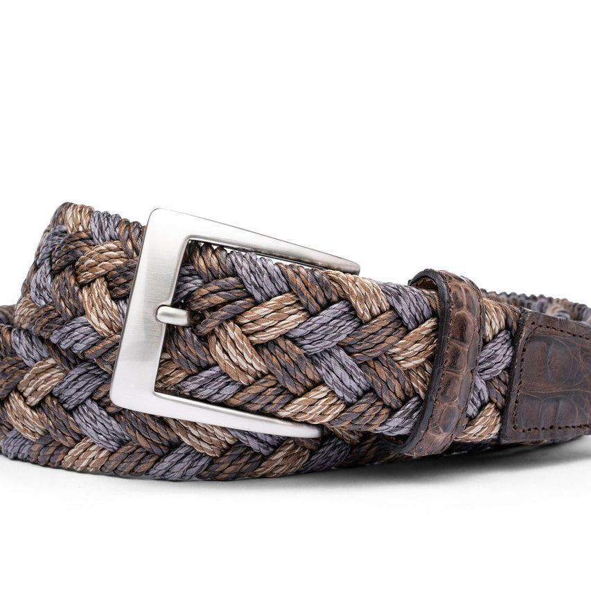 w.kleinberg French khaki woven belt with genuine crocodile tabs and brushed nickel buckle flat lay