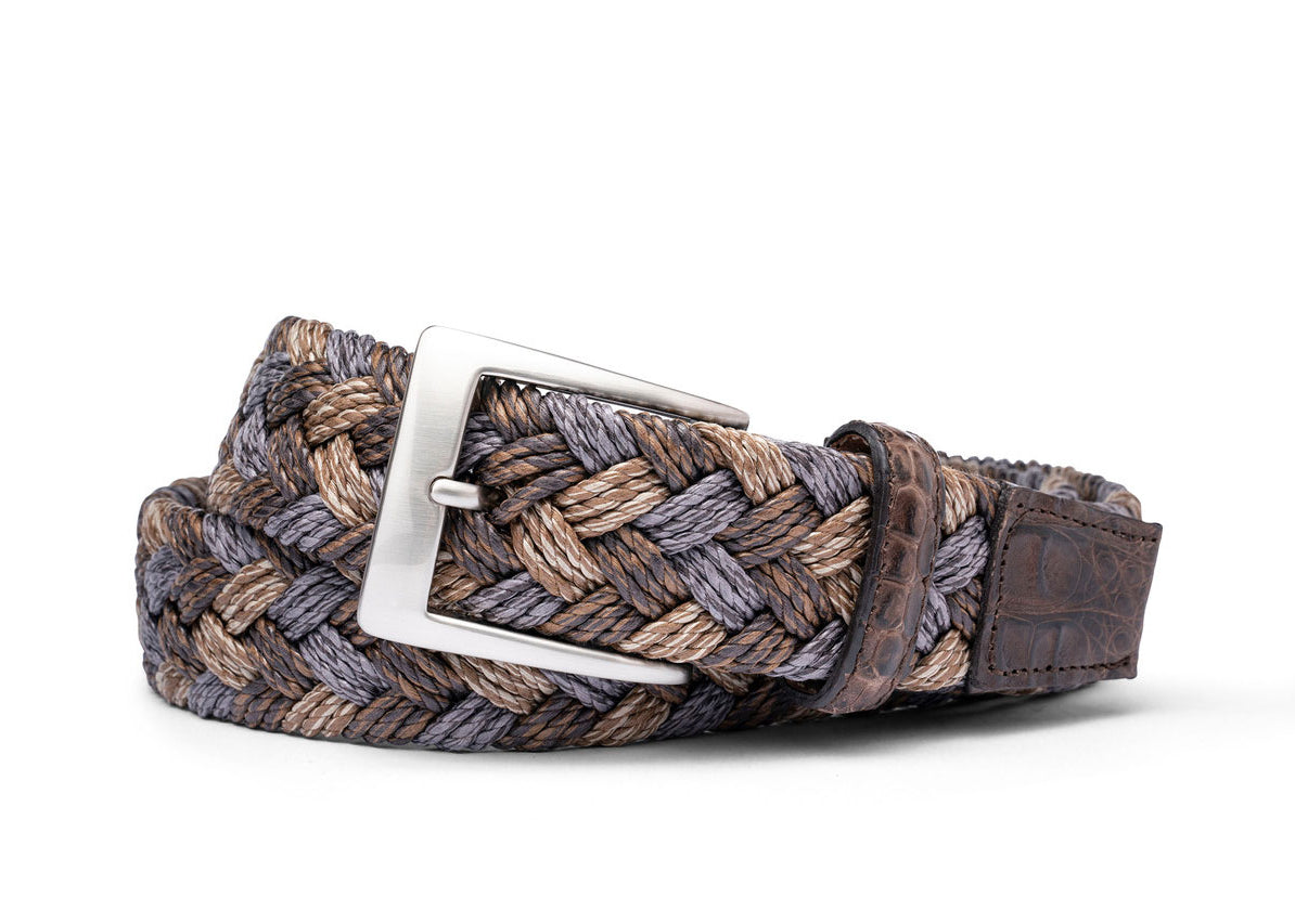 w.kleinberg French khaki woven belt with genuine crocodile tabs and brushed nickel buckle flat lay