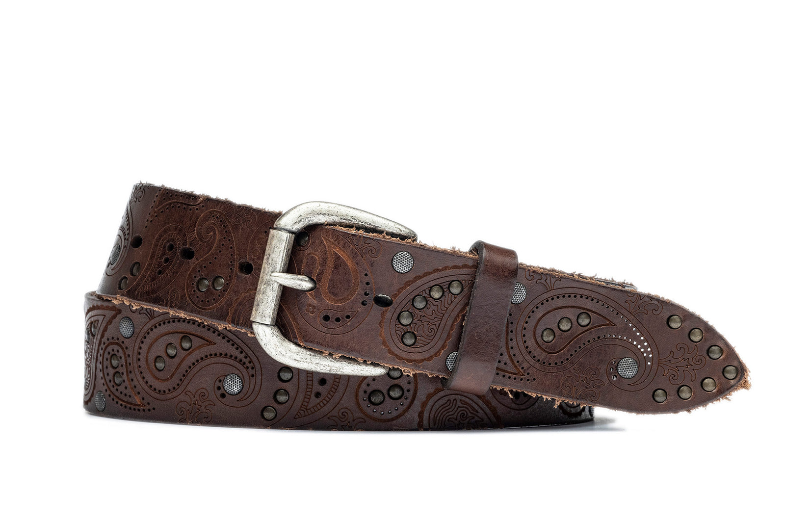 w.kleinberg Italian Rivet Calf Belt with Distressed Nickel Buckle in Chocolate