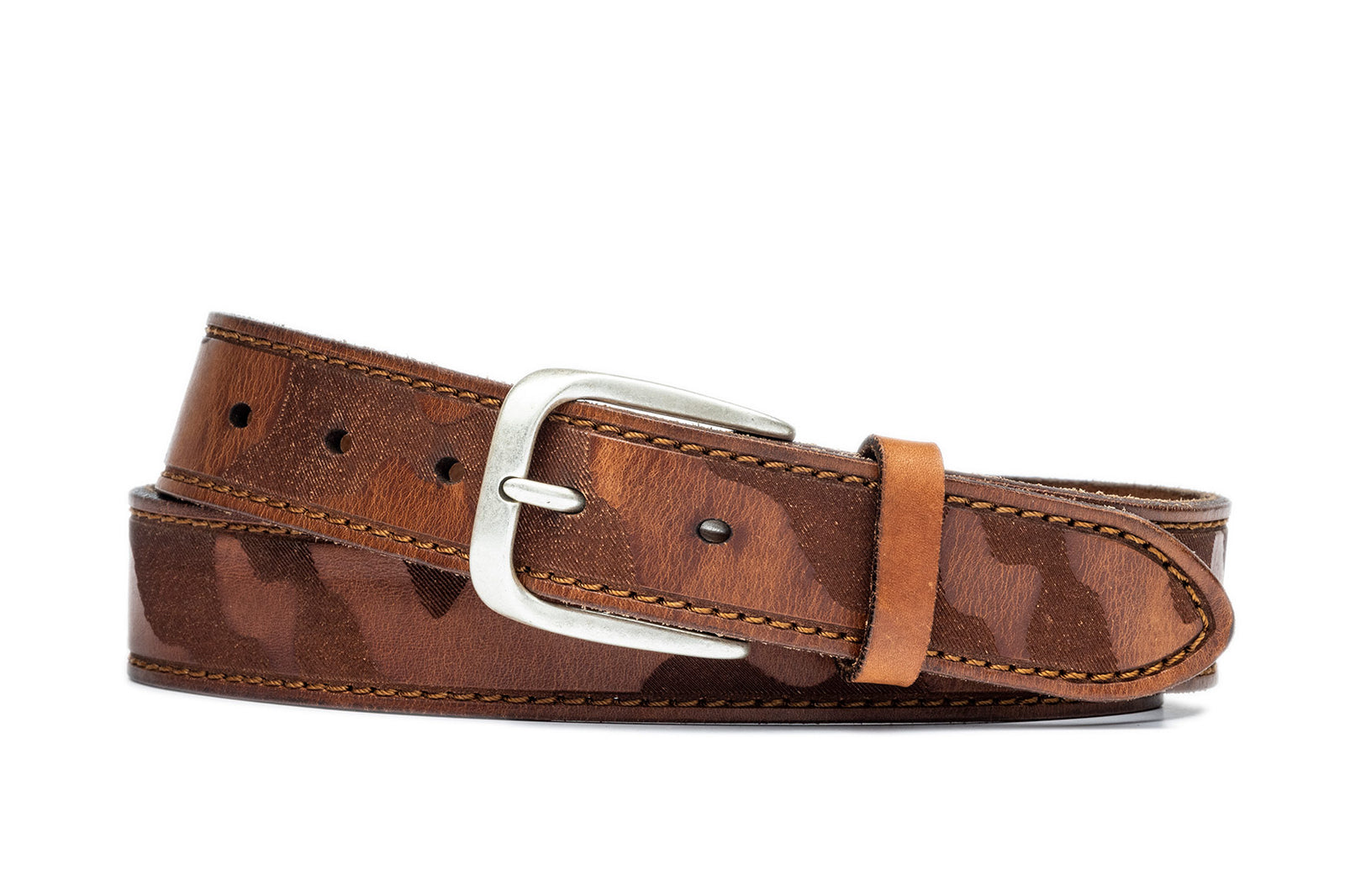 w.kleinberg Italian Skived Camo Belt with Antiqued Nickel Buckle flat lay