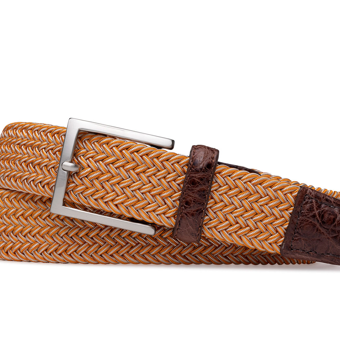 w.kleinberg Orange Stripe Stretch Belt with Croc Tabs and Brushed Nickel Buckle