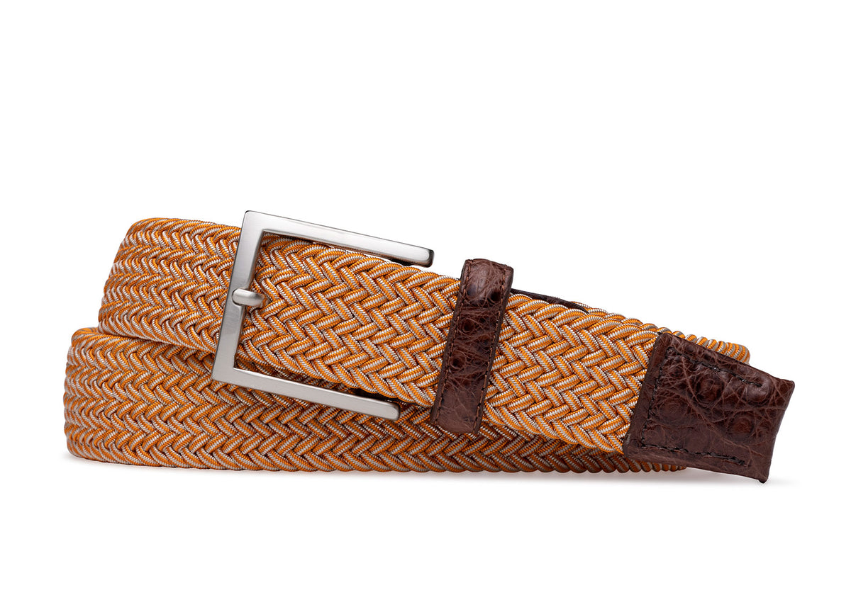 w.kleinberg Orange Stripe Stretch Belt with Croc Tabs and Brushed Nickel Buckle