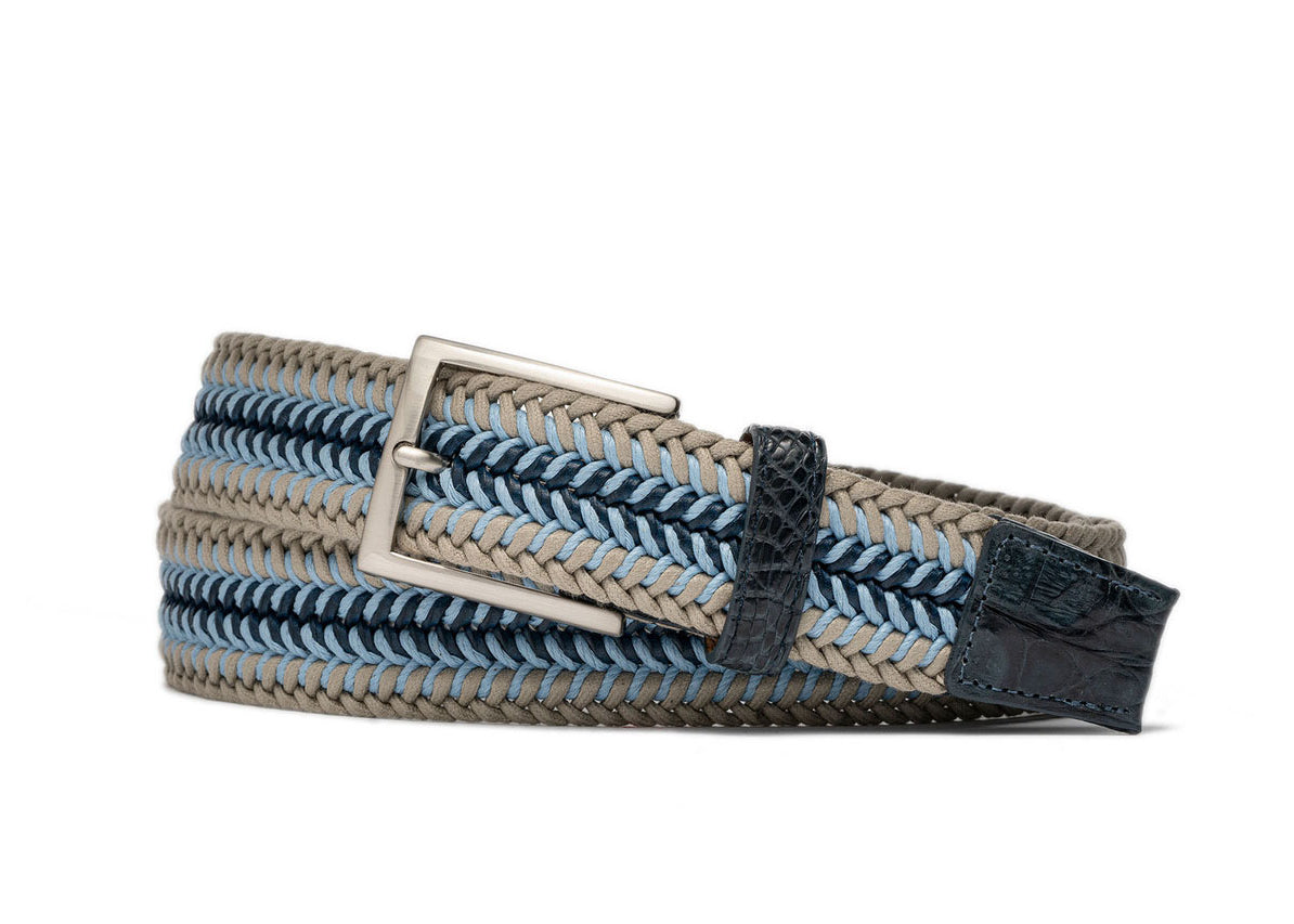 w.kleinberg Shoreline Stretch Belt with Genuine Crocodile Tabs and Brushed Nickel Buckle