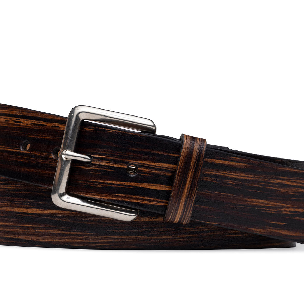 w.kleinberg Striped Calf Belt with Antique Nickel Buckle in brown showing single-ply construction
