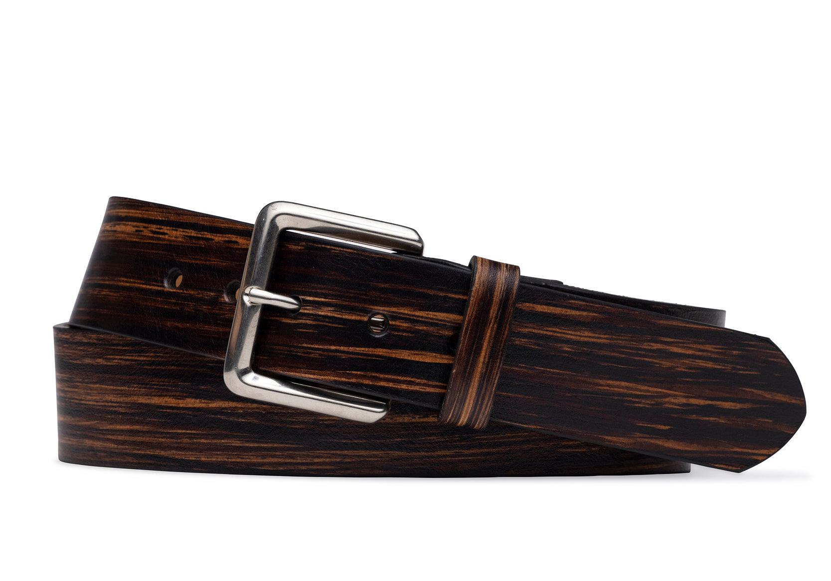 w.kleinberg Striped Calf Belt with Antique Nickel Buckle in brown showing single-ply construction