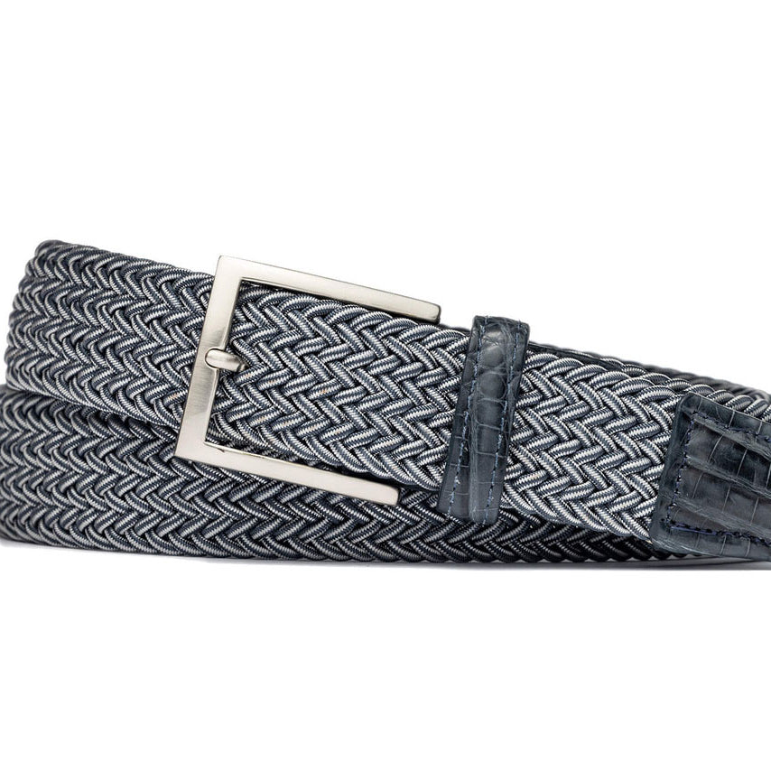 w.kleinberg blue stripe stretch belt with crocodile tabs and brushed nickel buckle flat lay