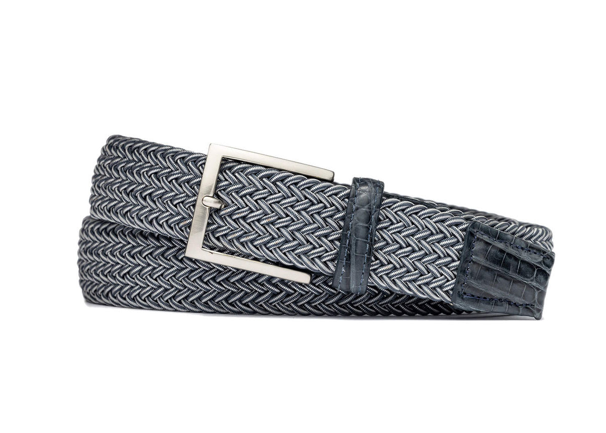 w.kleinberg blue stripe stretch belt with crocodile tabs and brushed nickel buckle flat lay