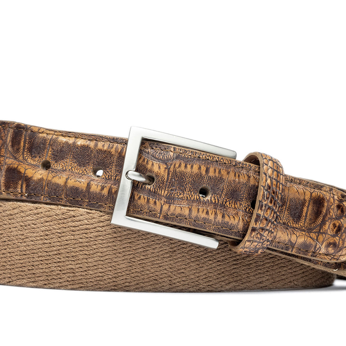w.kleinberg cotton weave belt with crocodile tabs and brushed nickel buckle