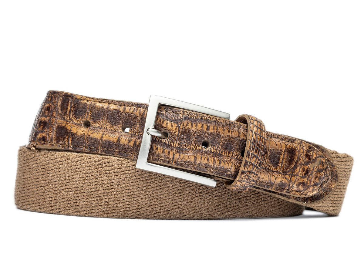 w.kleinberg cotton weave belt with crocodile tabs and brushed nickel buckle