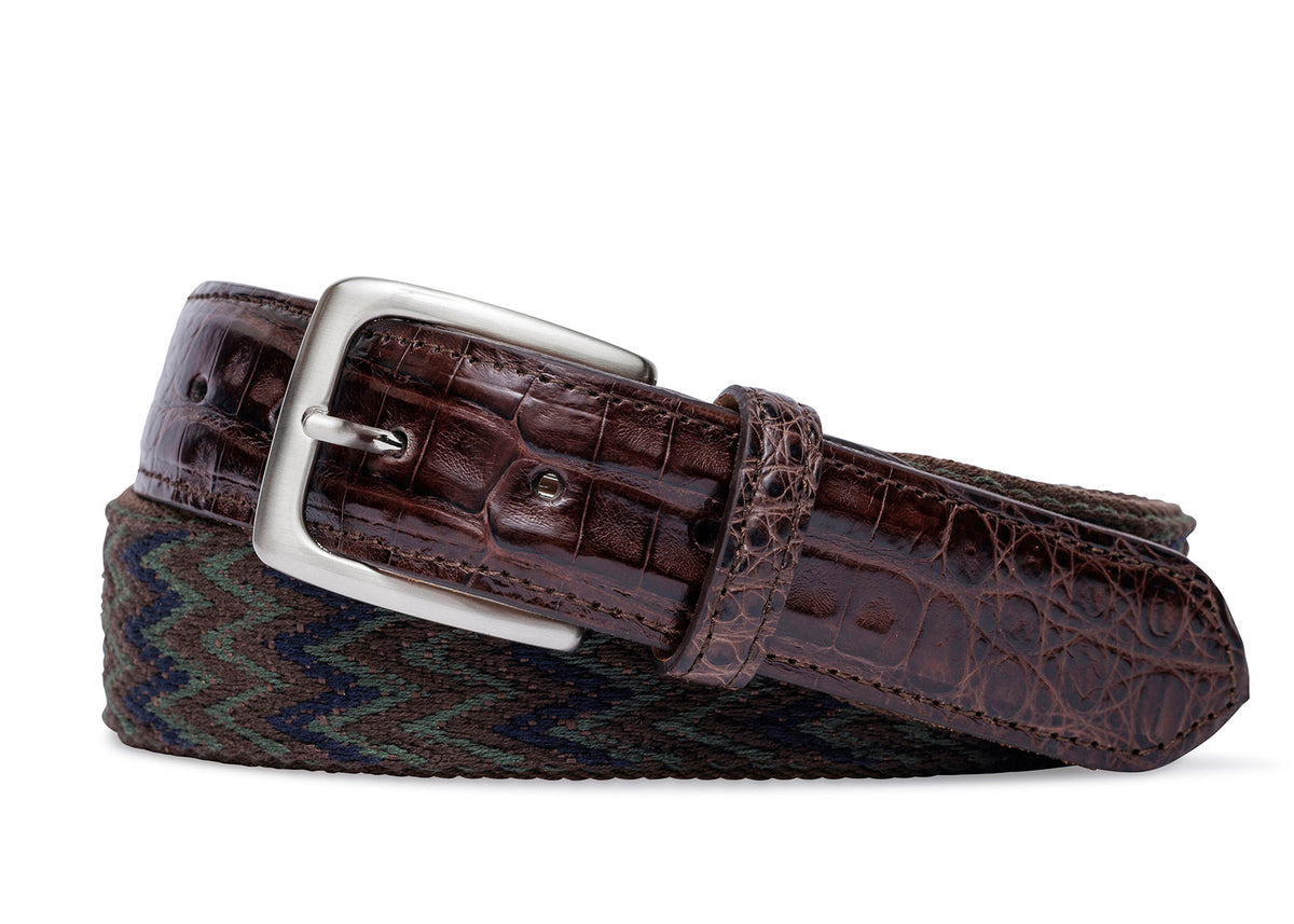 w.kleinberg ethnic chevron cotton weave belt with crocodile tabs and brushed nickel buckle
