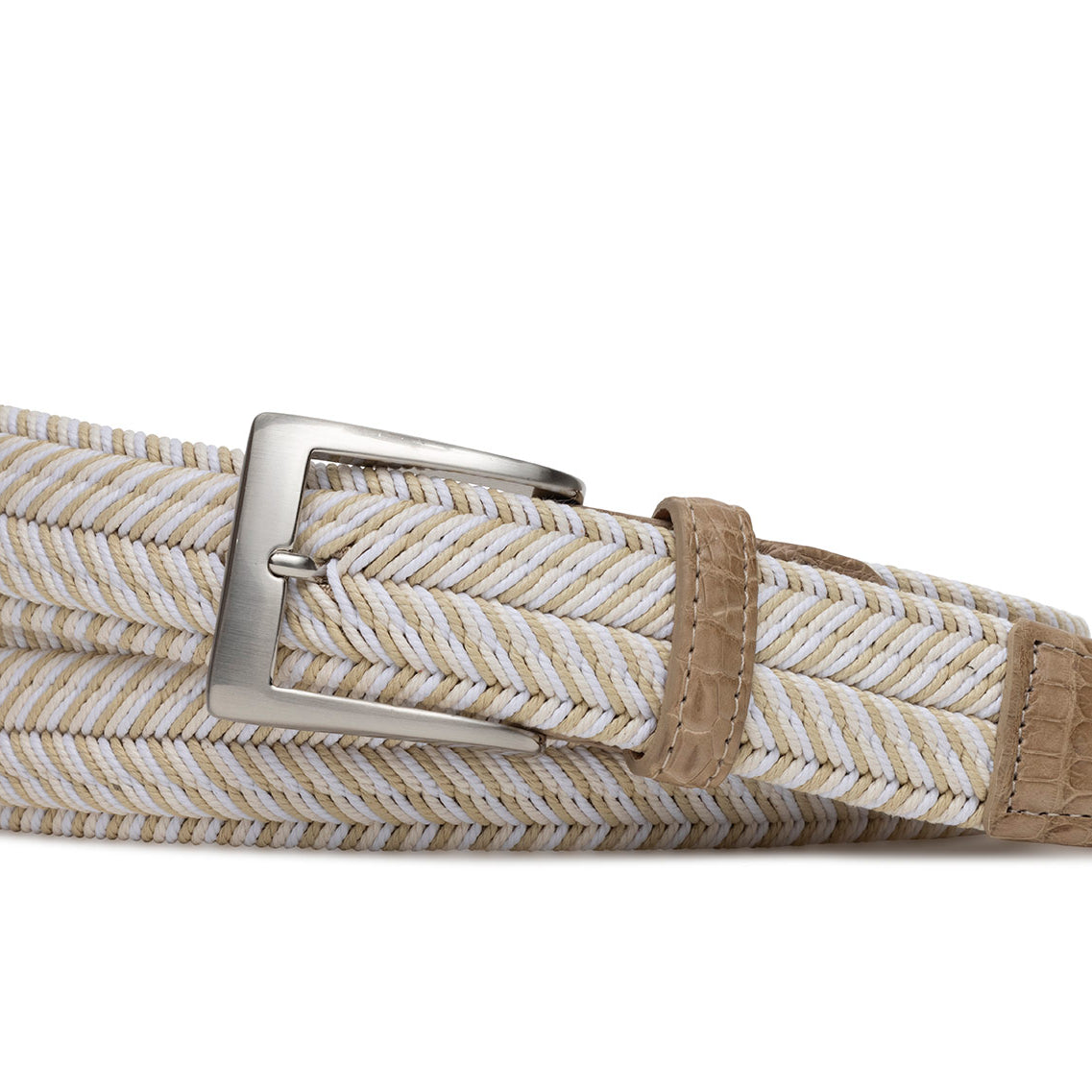 w.kleinberg frost beige stretch belt with crocodile tabs and brushed nickel buckle flat lay