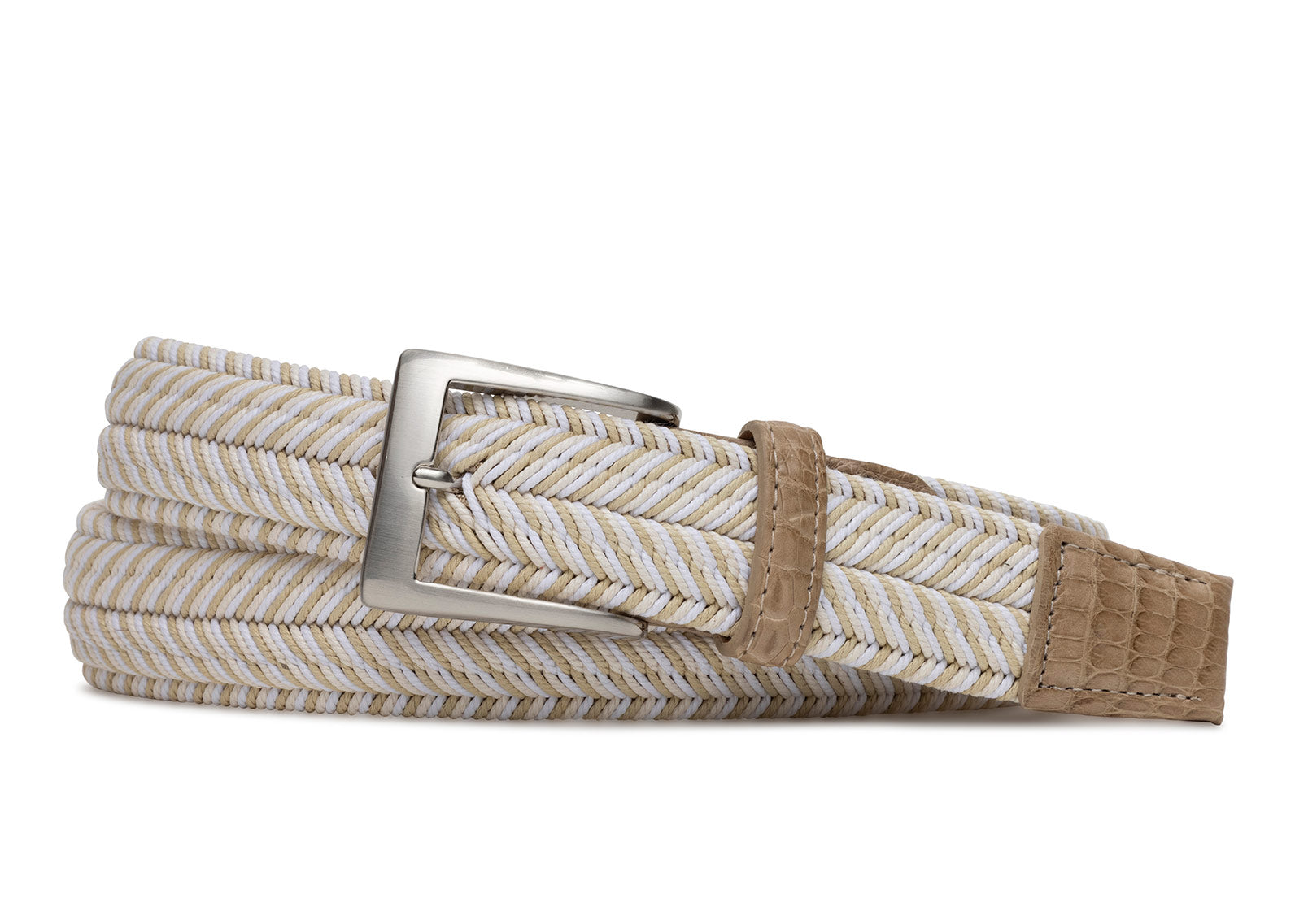 w.kleinberg frost beige stretch belt with crocodile tabs and brushed nickel buckle flat lay