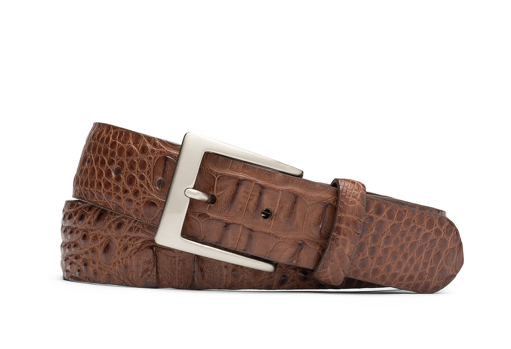 w.kleinberg hornback alligator belt with brushed nickel buckle flat lay