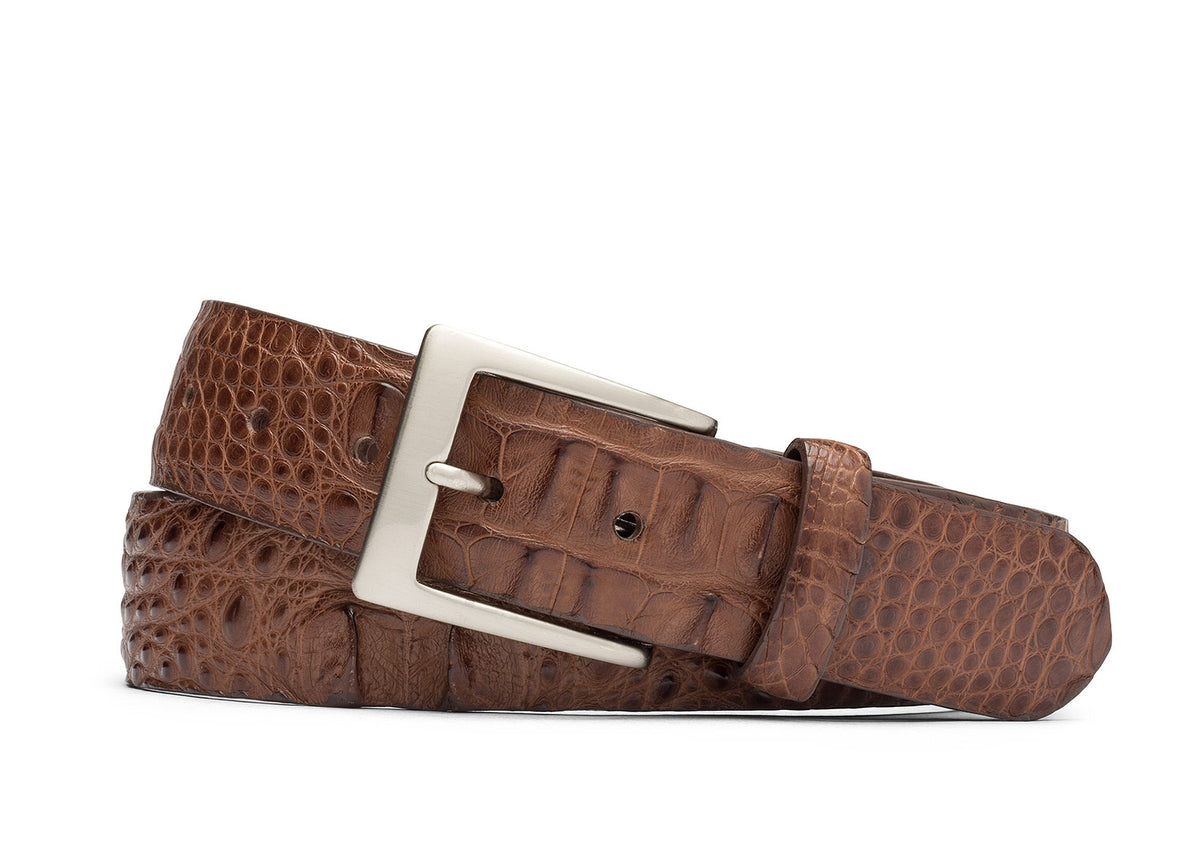 w.kleinberg hornback alligator belt with brushed nickel buckle flat lay