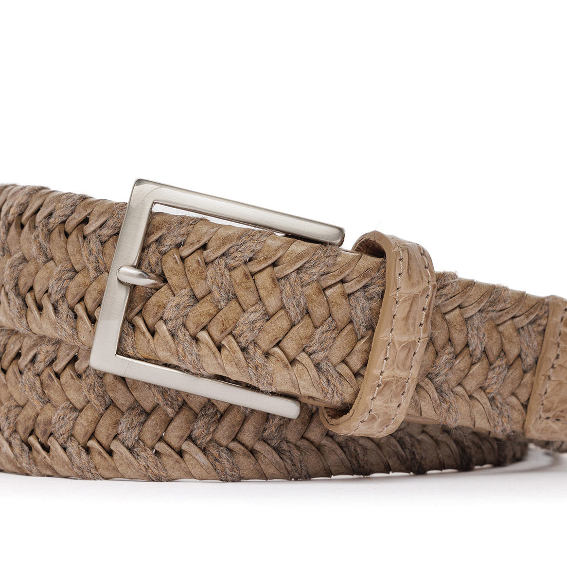 w.kleinberg leather and straw belt with crocodile tabs and brushed nickel buckle