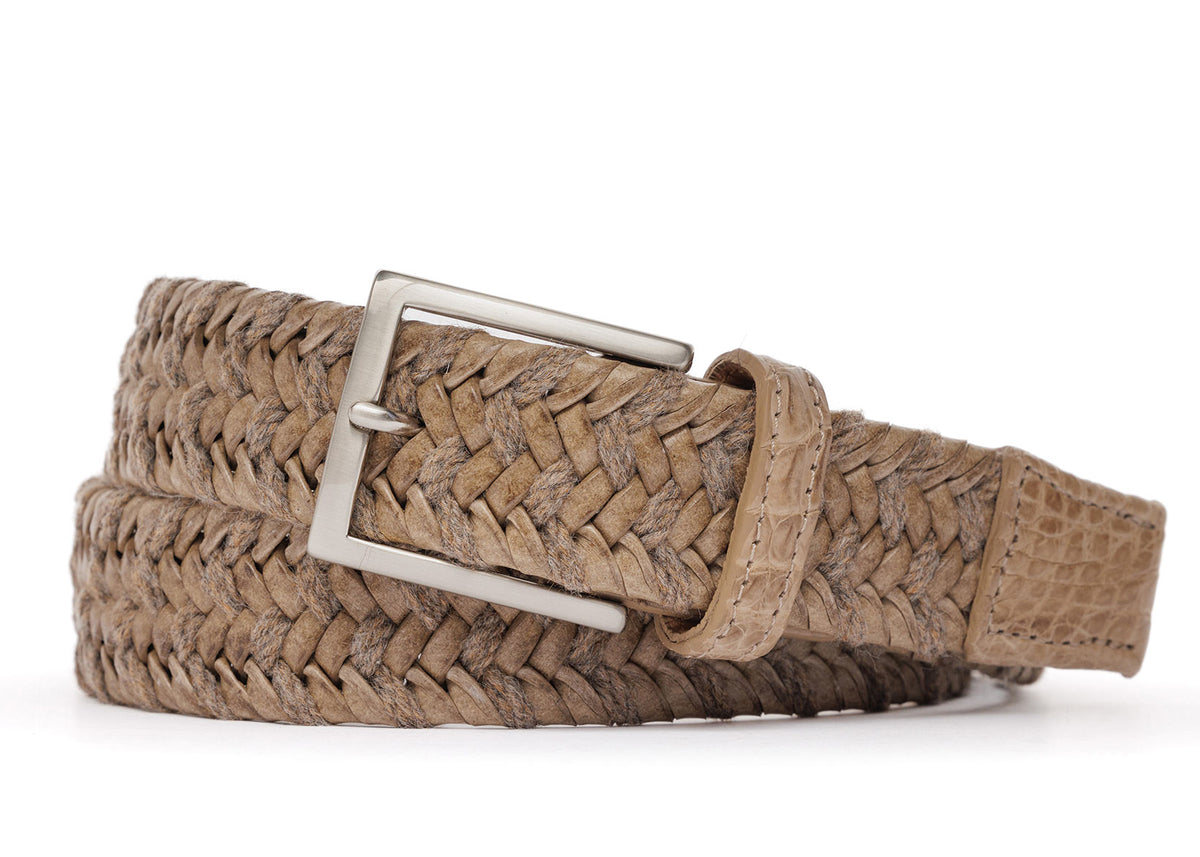 w.kleinberg leather and straw belt with crocodile tabs and brushed nickel buckle