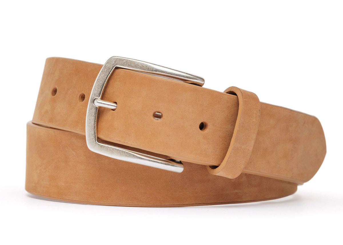 w.kleinberg men's nubuck calf belt in camel with antique silver buckle