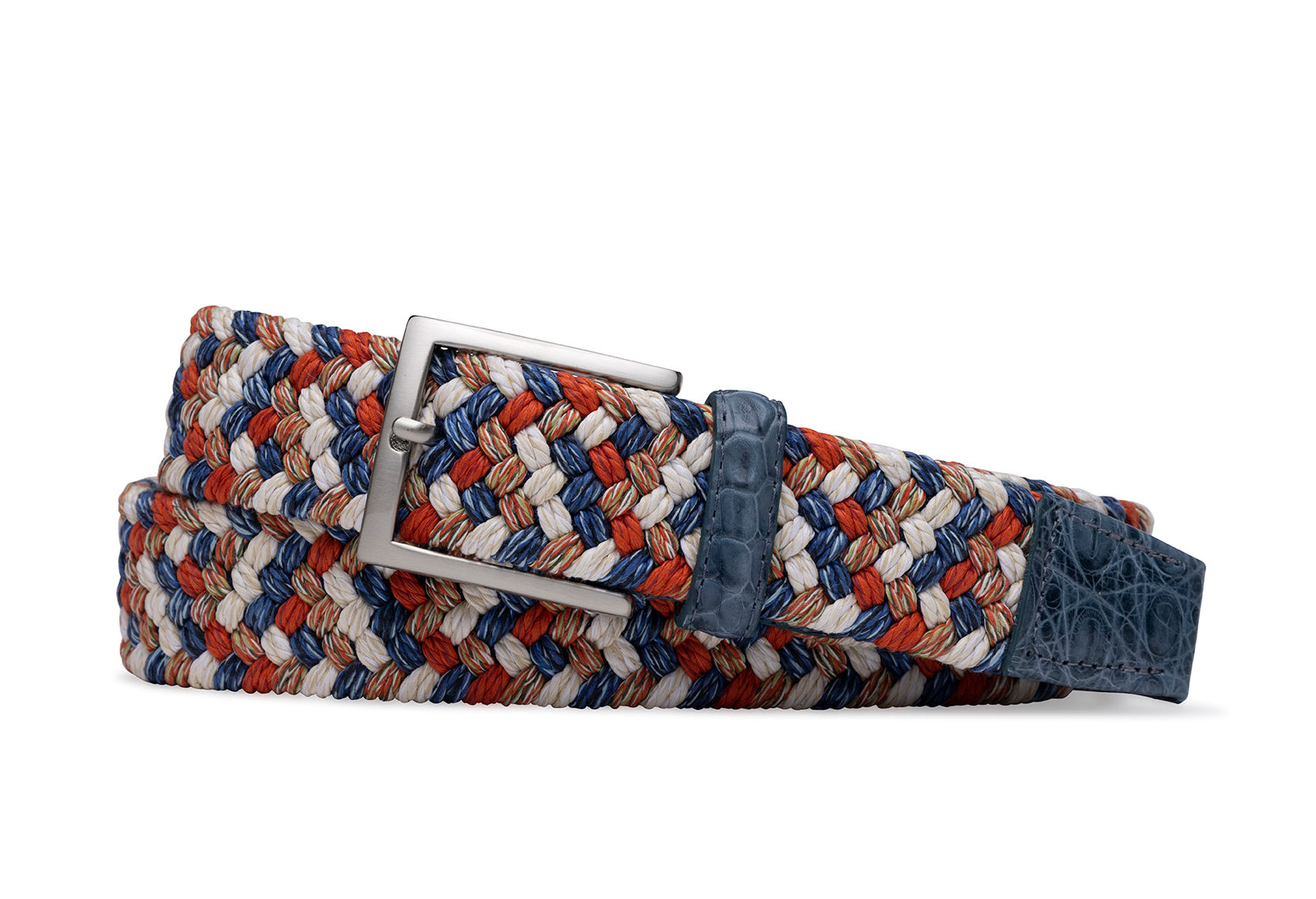 w.kleinberg scarlet blue woven stretch belt with genuine crocodile leather tabs and brushed nickel buckle