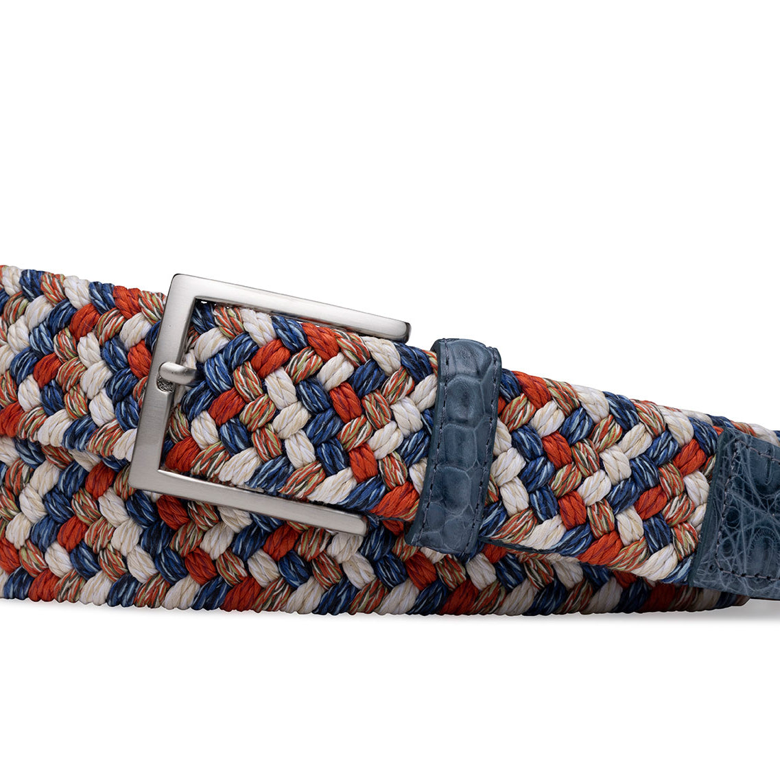 w.kleinberg scarlet blue woven stretch belt with genuine crocodile leather tabs and brushed nickel buckle