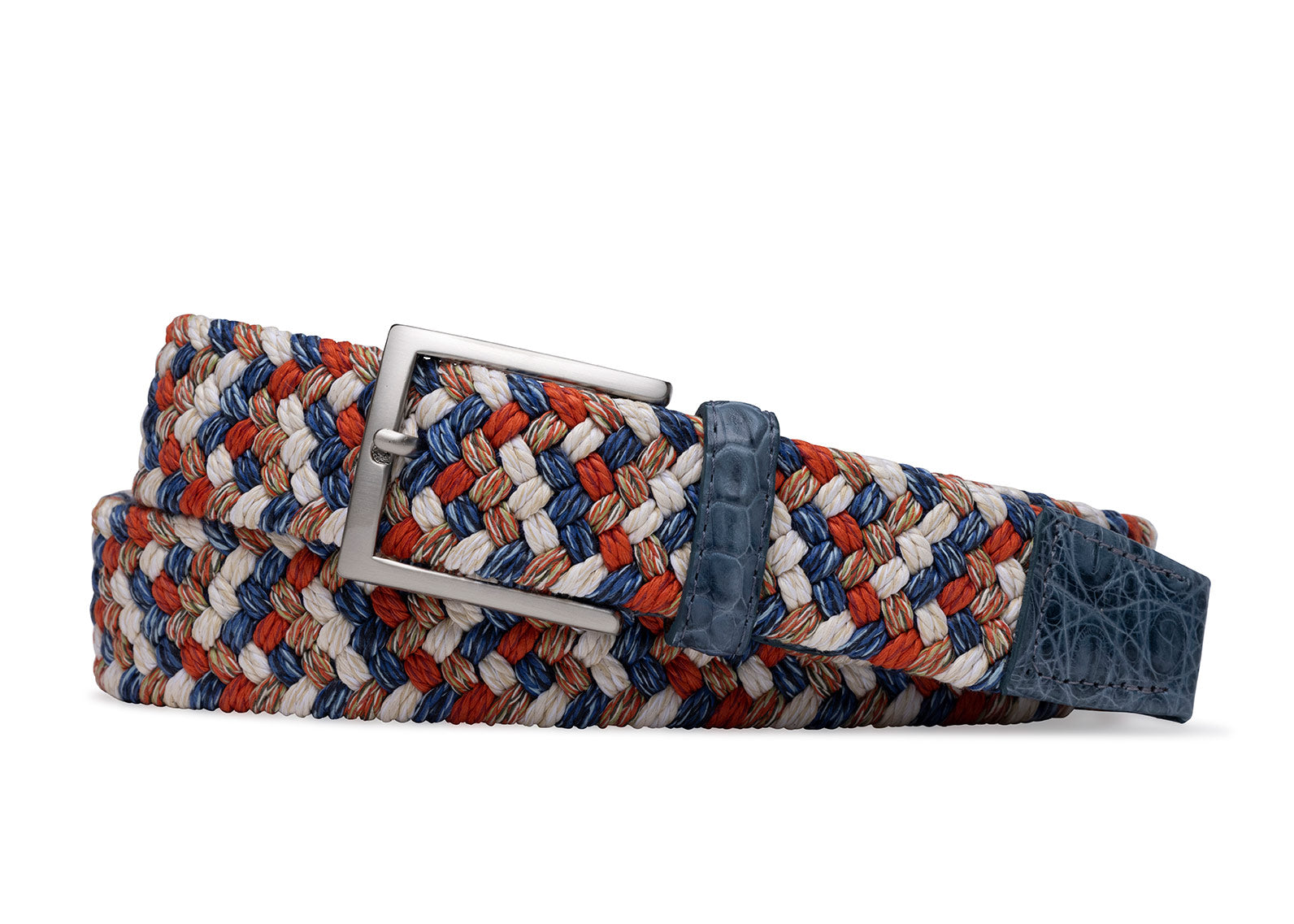 w.kleinberg scarlet blue woven stretch belt with genuine crocodile leather tabs and brushed nickel buckle