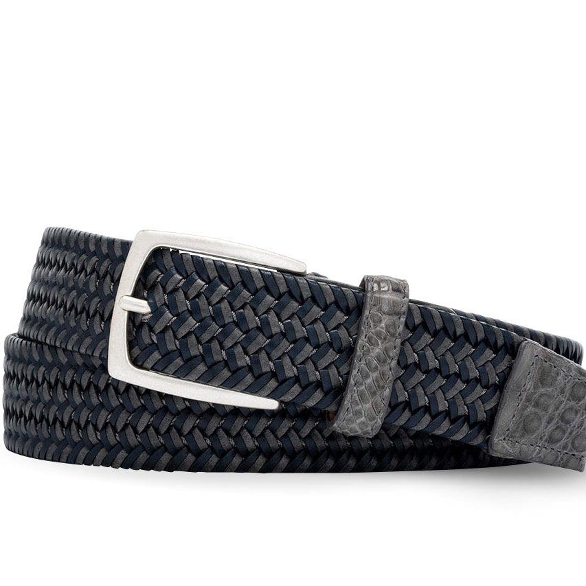 w.kleinberg slate leather stretch belt with crocodile tabs and antiqued nickel buckle